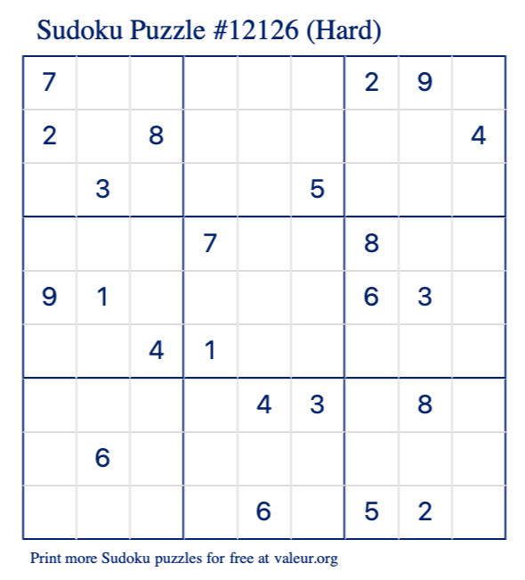 Free Printable Hard Sudoku Puzzle number 12126