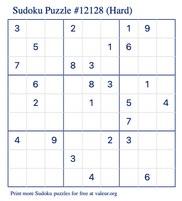 Free Printable Hard Sudoku Puzzle number 12128