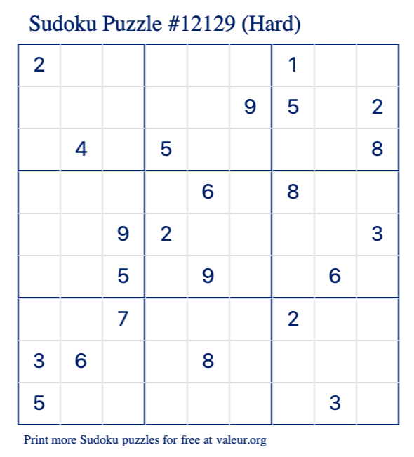 Free Printable Hard Sudoku Puzzle number 12129