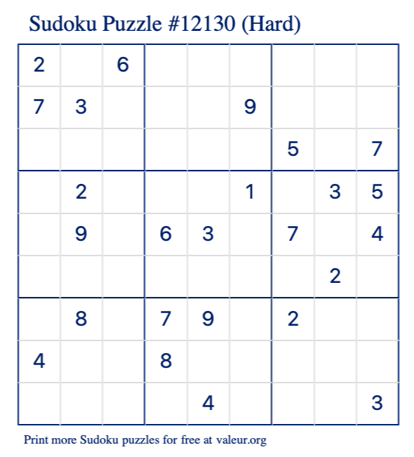 Free Printable Hard Sudoku Puzzle number 12130