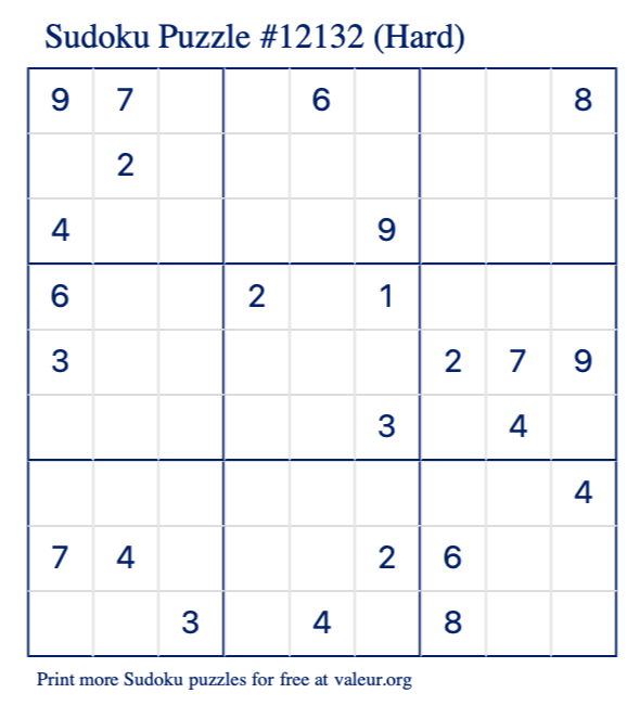 Free Printable Hard Sudoku Puzzle number 12132