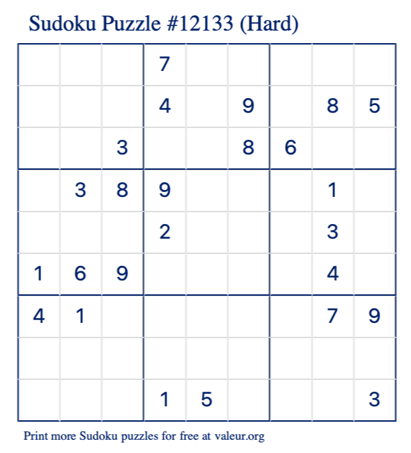 Free Printable Hard Sudoku Puzzle number 12133