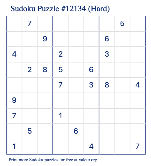Free Printable Hard Sudoku Puzzle number 12134