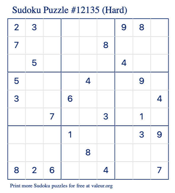 Free Printable Hard Sudoku Puzzle number 12135