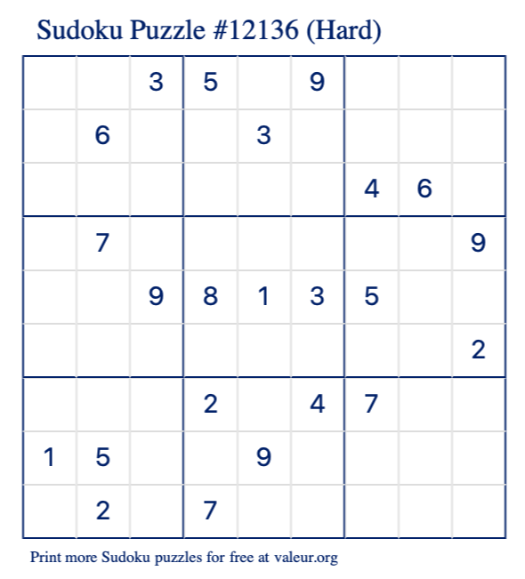 Free Printable Hard Sudoku Puzzle number 12136