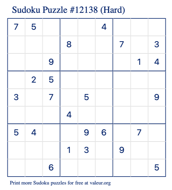Free Printable Hard Sudoku Puzzle number 12138