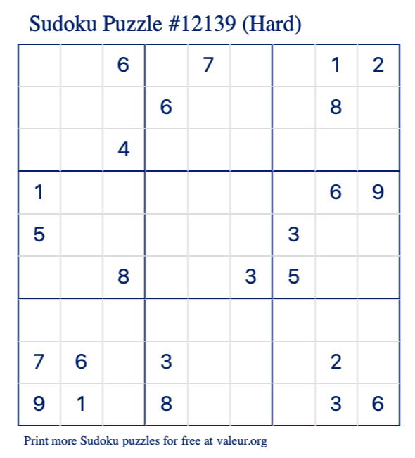 Free Printable Hard Sudoku Puzzle number 12139