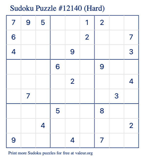Free Printable Hard Sudoku Puzzle number 12140