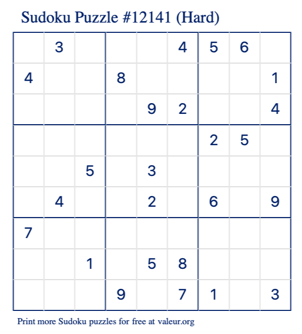 Free Printable Hard Sudoku Puzzle number 12141