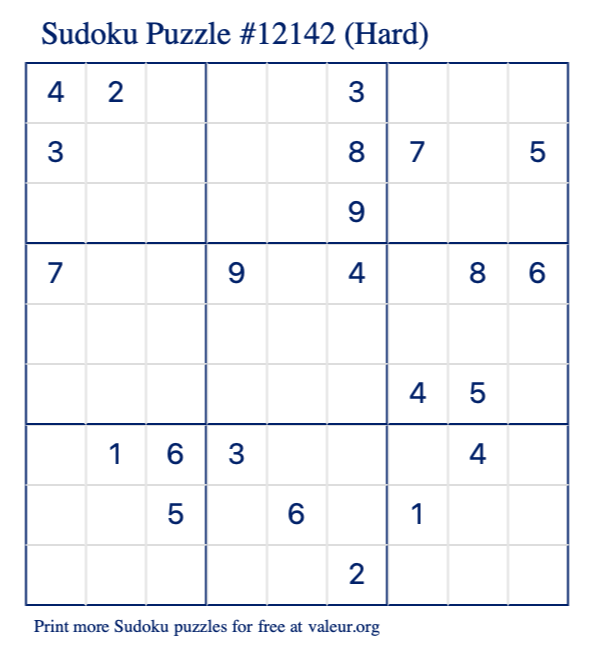 Free Printable Hard Sudoku Puzzle number 12142