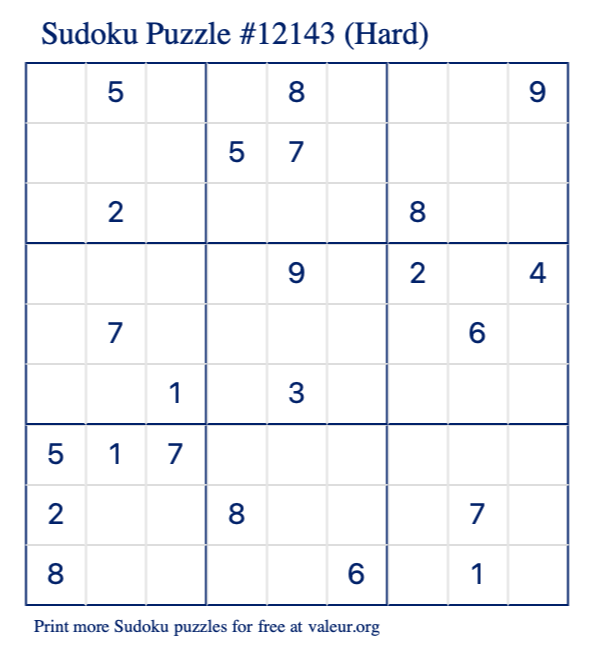 Free Printable Hard Sudoku Puzzle number 12143