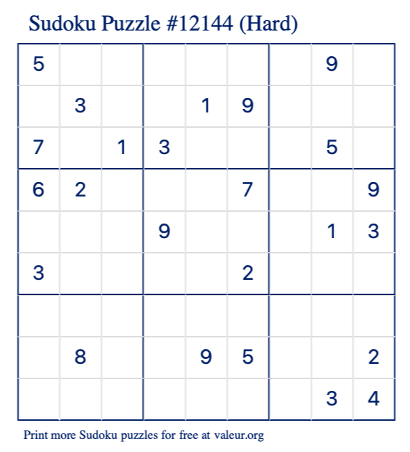 Free Printable Hard Sudoku Puzzle number 12144