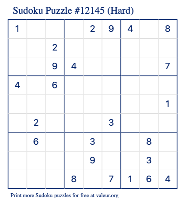 Free Printable Hard Sudoku Puzzle number 12145