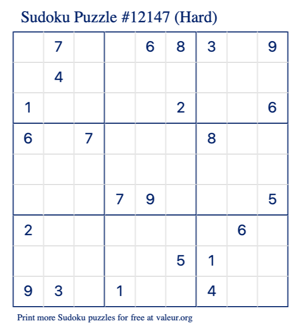 Free Printable Hard Sudoku Puzzle number 12147