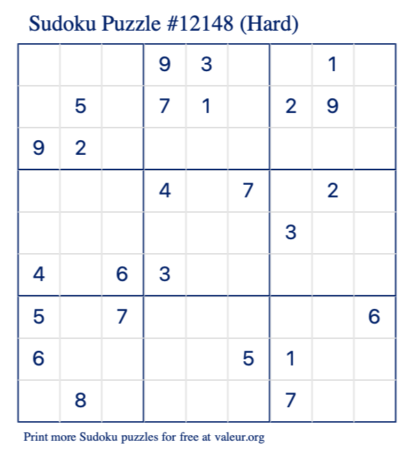 Free Printable Hard Sudoku Puzzle number 12148