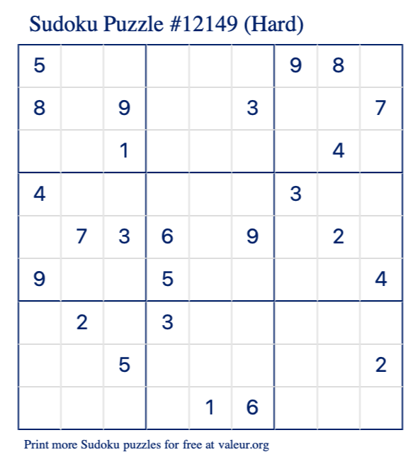 Free Printable Hard Sudoku Puzzle number 12149