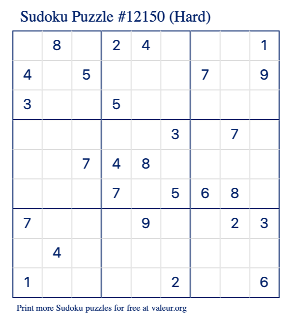 Free Printable Hard Sudoku Puzzle number 12150