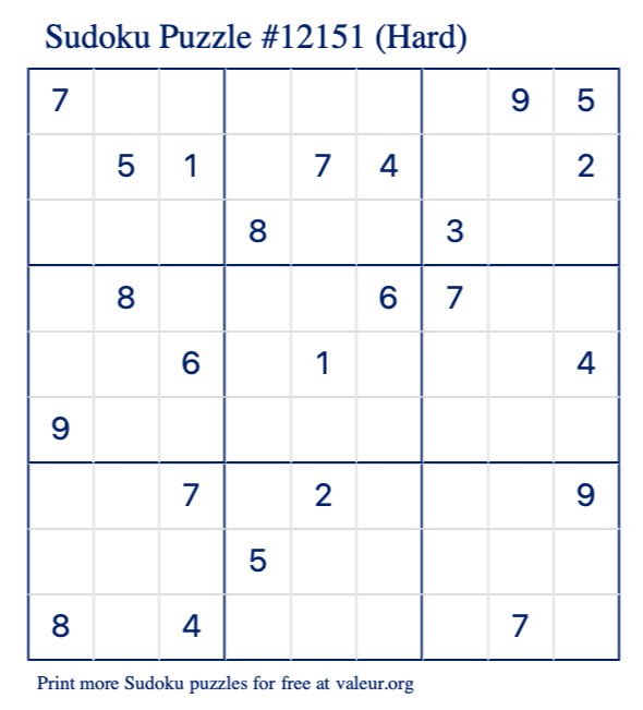 Free Printable Hard Sudoku Puzzle number 12151