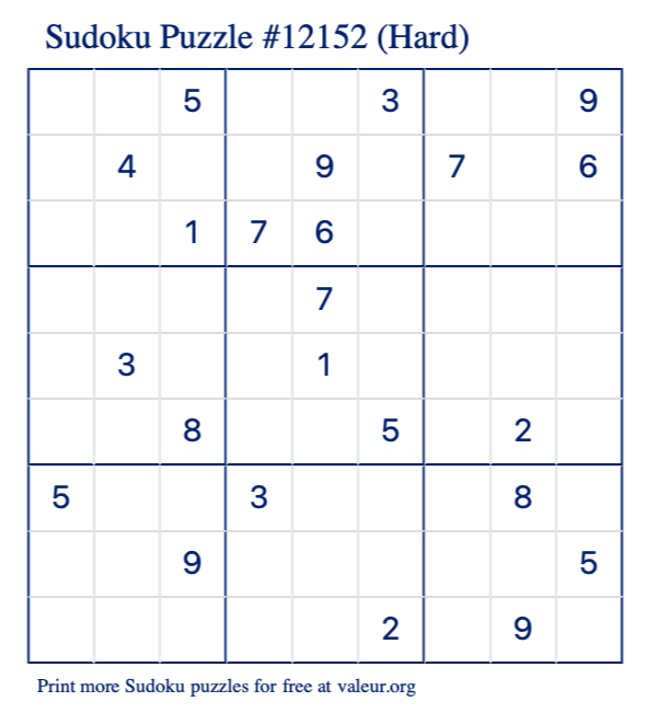 Free Printable Hard Sudoku Puzzle number 12152