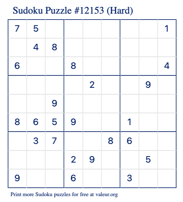 Free Printable Hard Sudoku Puzzle number 12153