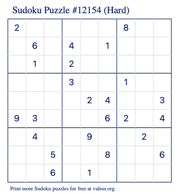 Free Printable Hard Sudoku Puzzle number 12154