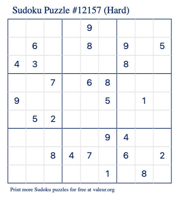 Free Printable Hard Sudoku Puzzle number 12157