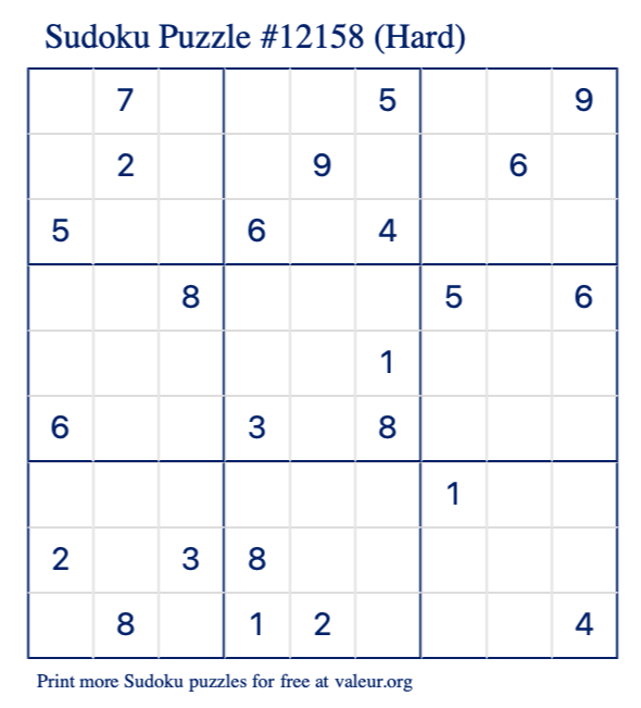 Free Printable Hard Sudoku Puzzle number 12158