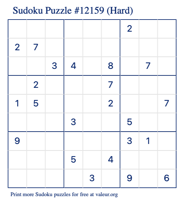 Free Printable Hard Sudoku Puzzle number 12159