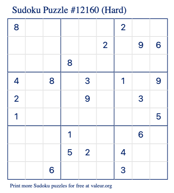 Free Printable Hard Sudoku Puzzle number 12160