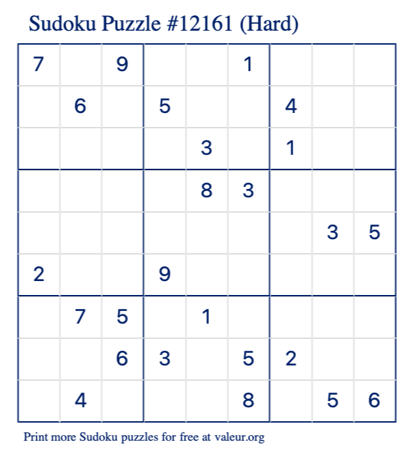 Free Printable Hard Sudoku Puzzle number 12161