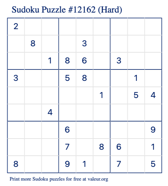 Free Printable Hard Sudoku Puzzle number 12162