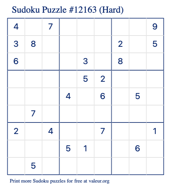 Free Printable Hard Sudoku Puzzle number 12163