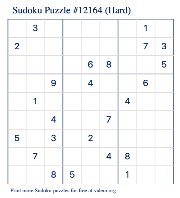 Free Printable Hard Sudoku Puzzle number 12164