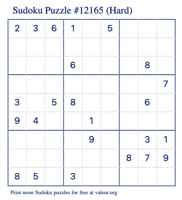 Free Printable Hard Sudoku Puzzle number 12165
