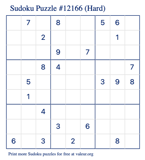 Free Printable Hard Sudoku Puzzle number 12166