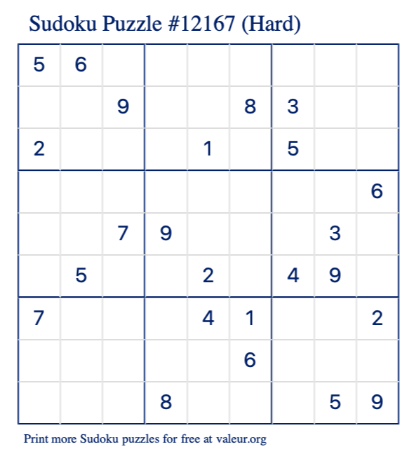 Free Printable Hard Sudoku Puzzle number 12167