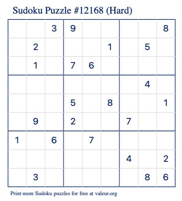 Free Printable Hard Sudoku Puzzle number 12168