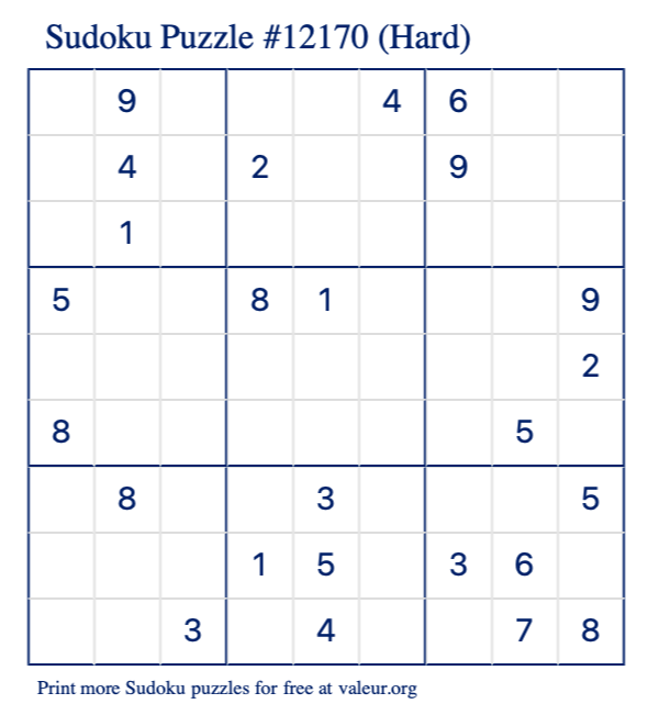 Free Printable Hard Sudoku Puzzle number 12170