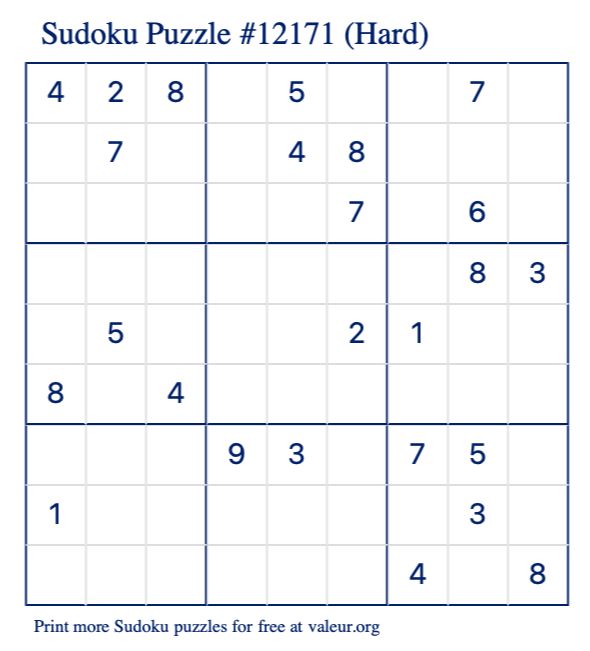 Free Printable Hard Sudoku Puzzle number 12171