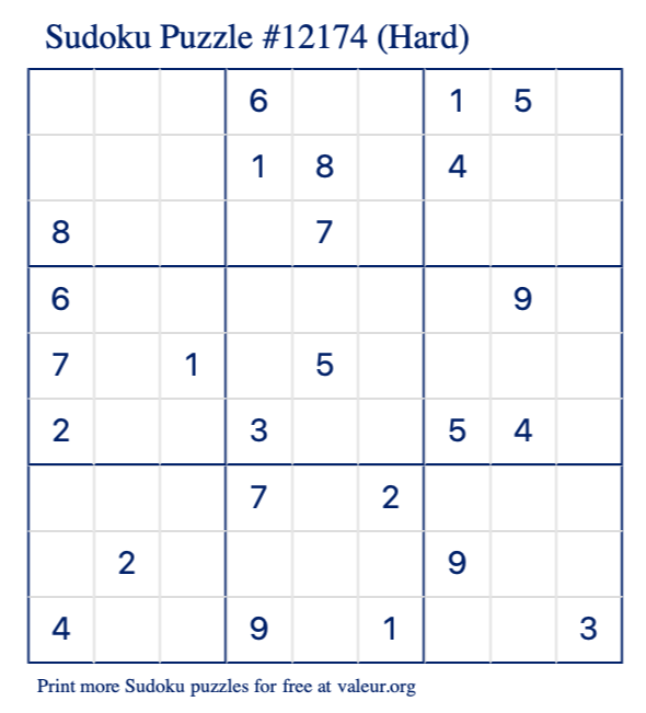 Free Printable Hard Sudoku Puzzle number 12174