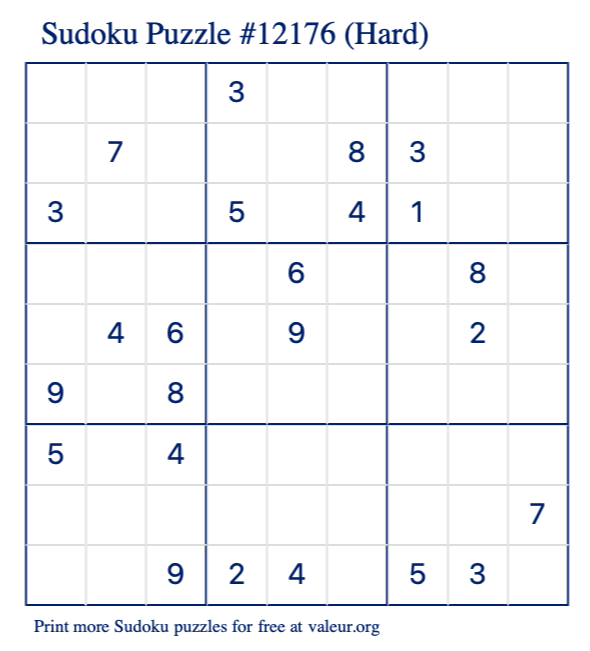 Free Printable Hard Sudoku Puzzle number 12176
