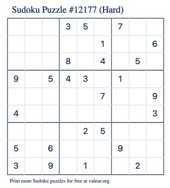 Free Printable Hard Sudoku Puzzle number 12177