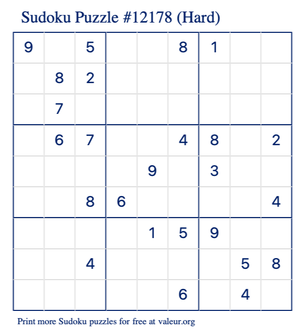 Free Printable Hard Sudoku Puzzle number 12178