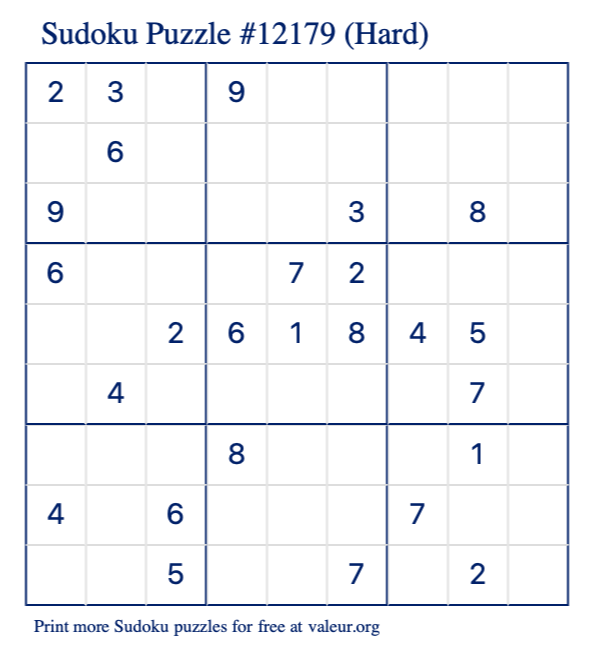 Free Printable Hard Sudoku Puzzle number 12179