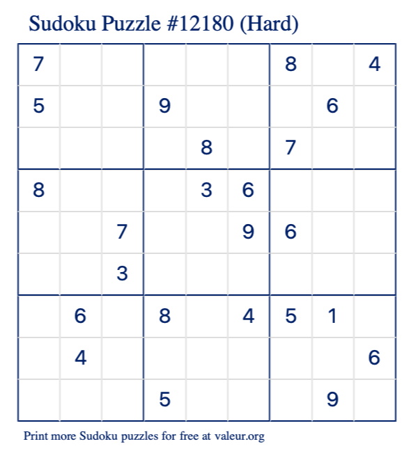 Free Printable Hard Sudoku Puzzle number 12180