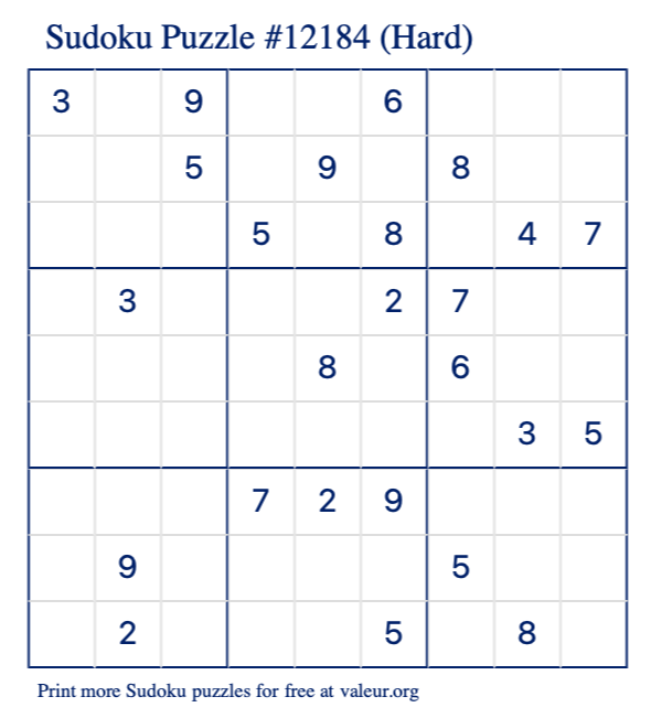 Free Printable Hard Sudoku Puzzle number 12184