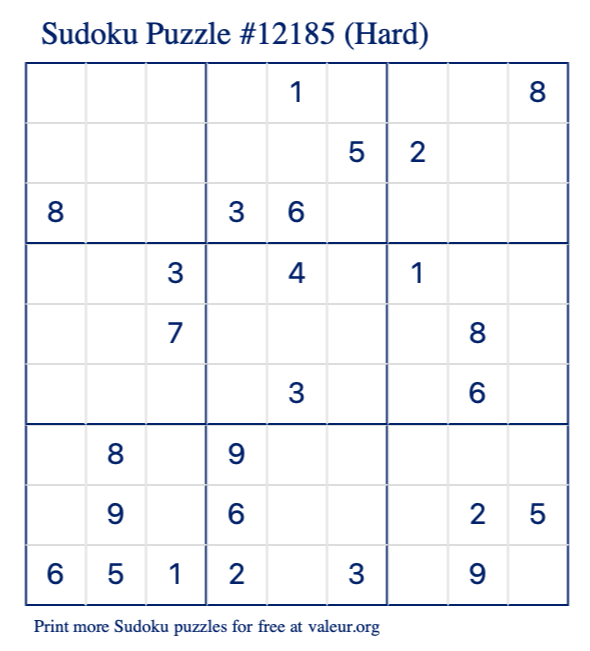 Free Printable Hard Sudoku Puzzle number 12185