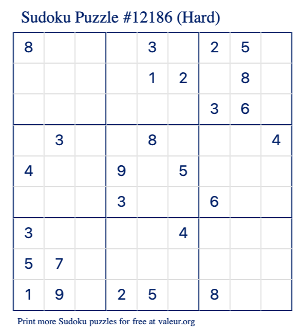 Free Printable Hard Sudoku Puzzle number 12186