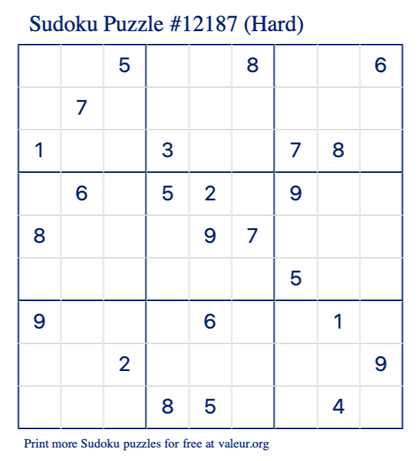 Free Printable Hard Sudoku Puzzle number 12187