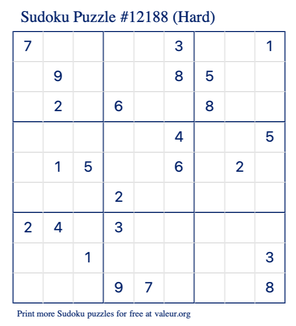 Free Printable Hard Sudoku Puzzle number 12188